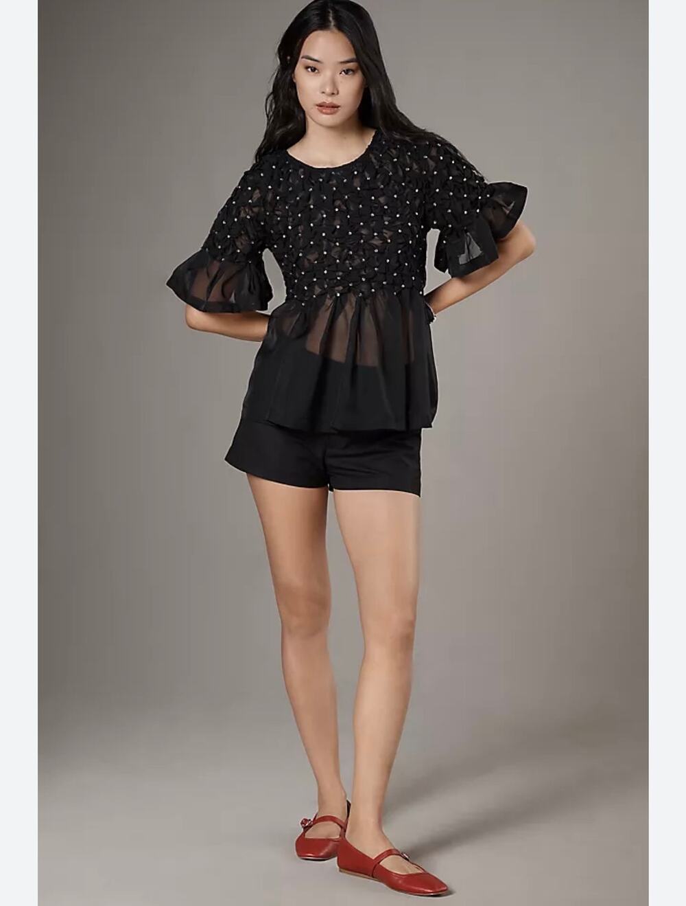 ANTHROPOLOGIE Maeve Short-Sleeve Rhinestone Sheer Babydoll Blouse Black Large
